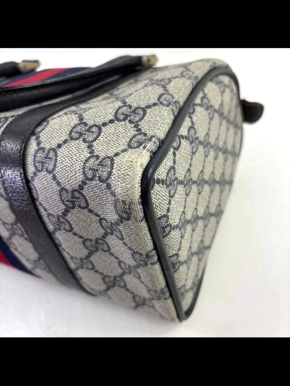 Gucci Beige GG Canvas Satchel with Navy and Red Web Stripe